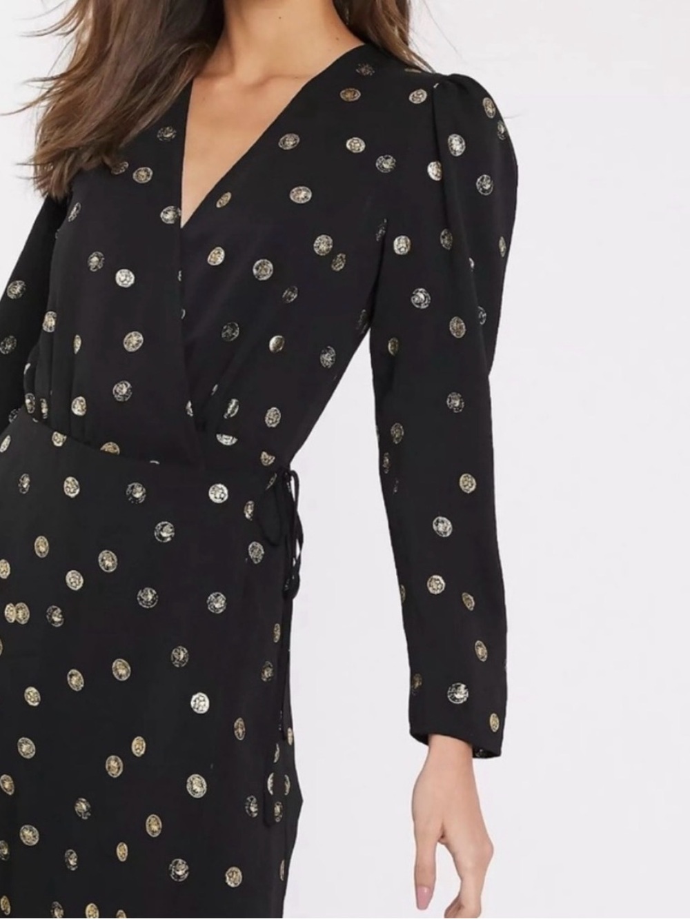 & OTHER STORIES Paris Atelier Black Wrap Dress with Gold Polka Dots size 2